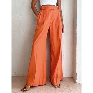 Commense Vibrant Orange Trousers Vitamin C Linen Cotton Wide Leg Pants Large‎